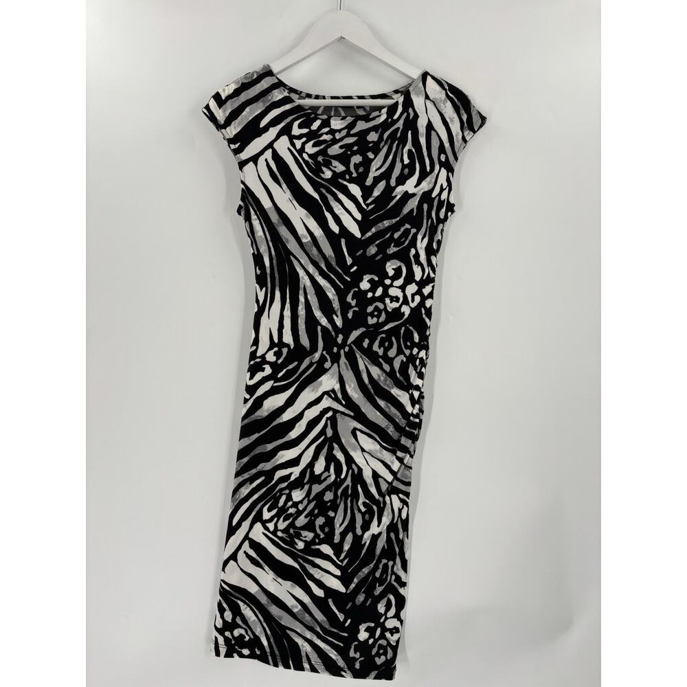 Apt. 9 Dress Womens Small Black White Sheath Midi Zebra Leopard Stretch Pullover